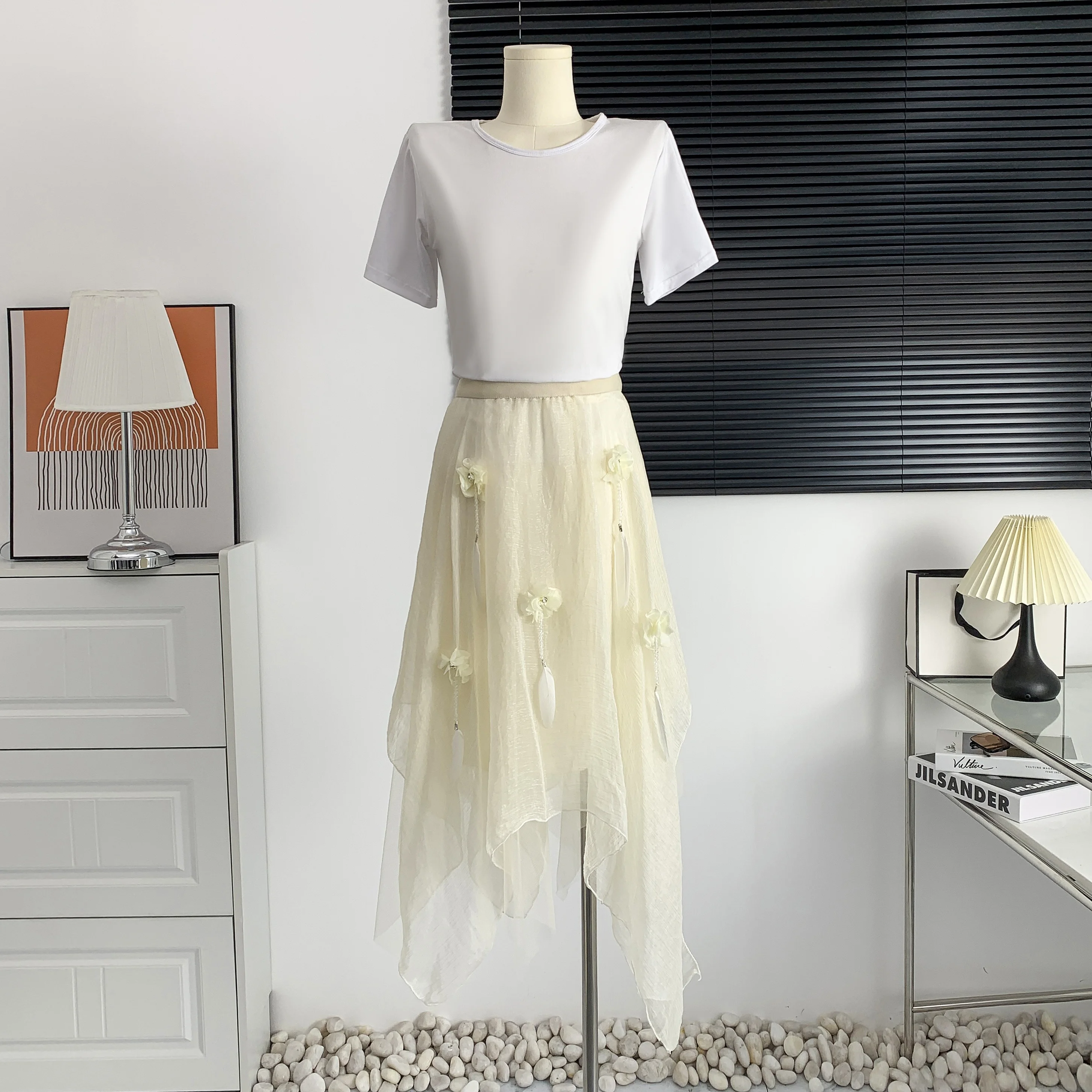 

Summer High Waist Mesh Midi Skirts Women Fashion Mid Length Flowing Yarn Skirts Female Elastic Waist Skirts with Irregular Hem