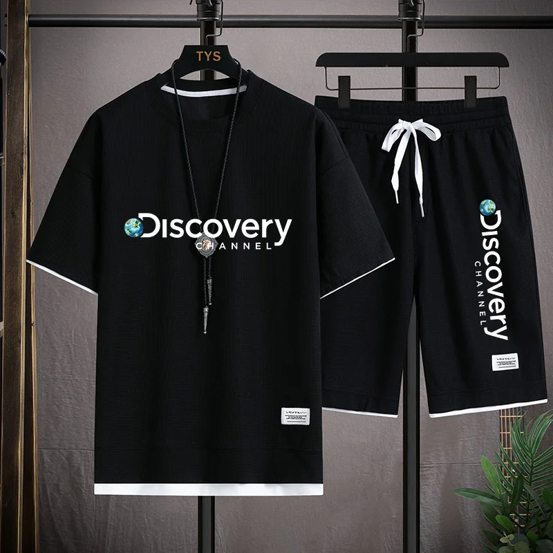 

Summer Discovery Men's Two Piece Set Linen Fabric Casual T-Shirt and Shorts Set Mens Sports Suit Fashion Short Sleeve Tracksuit