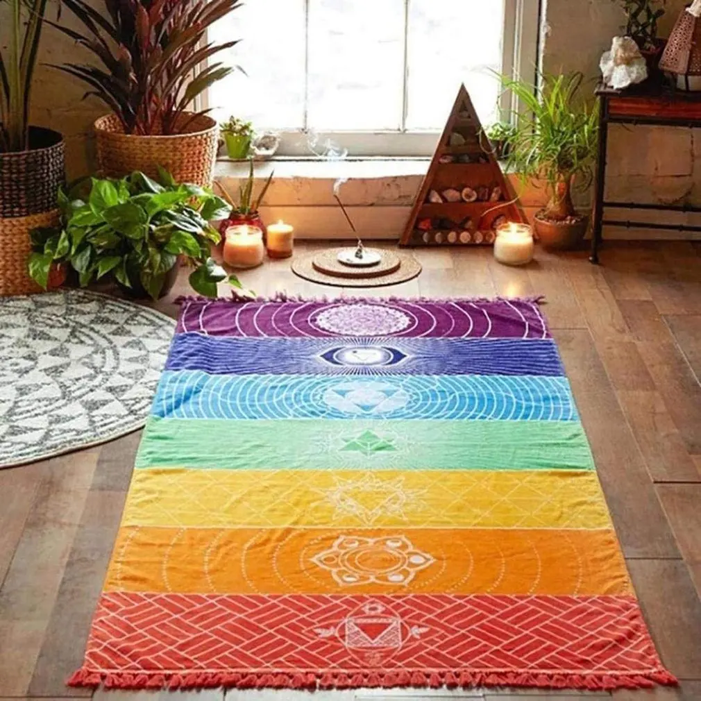 

Meditation Yoga Rug Towels Mexico Chakras Tassel Striped Floor Mat 150cm*70cm Colorful Boho Stripes Travel Tassel Tapestry