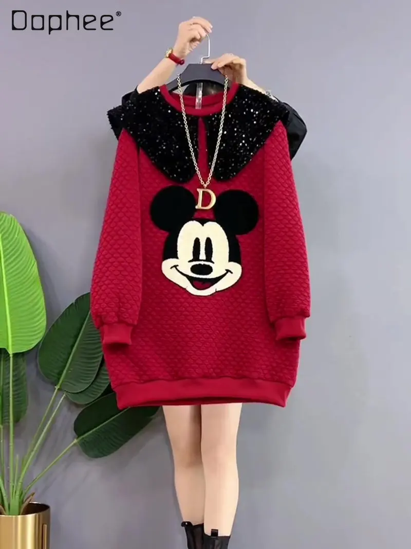 

Autumn and Winter Loose Thickened Long Sleeve Hoodies Women's Doll Collar Red Cartoon Pullover Mid-Length Sweatshirts Female