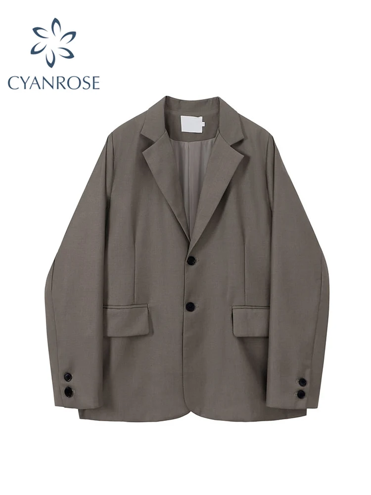

Women Blazer Suit Vintage Lapel Jackets Fashion Loose Solid Color England Casual Coat Fall Style Long-sleeve 2021 New Autumn Top