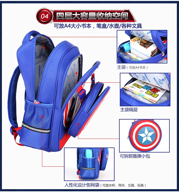 Disney New School Bags For Boys Captain America Primary Student Shoulder Orthopedic Backpack Large Capacity Grade 1-6 Mochila