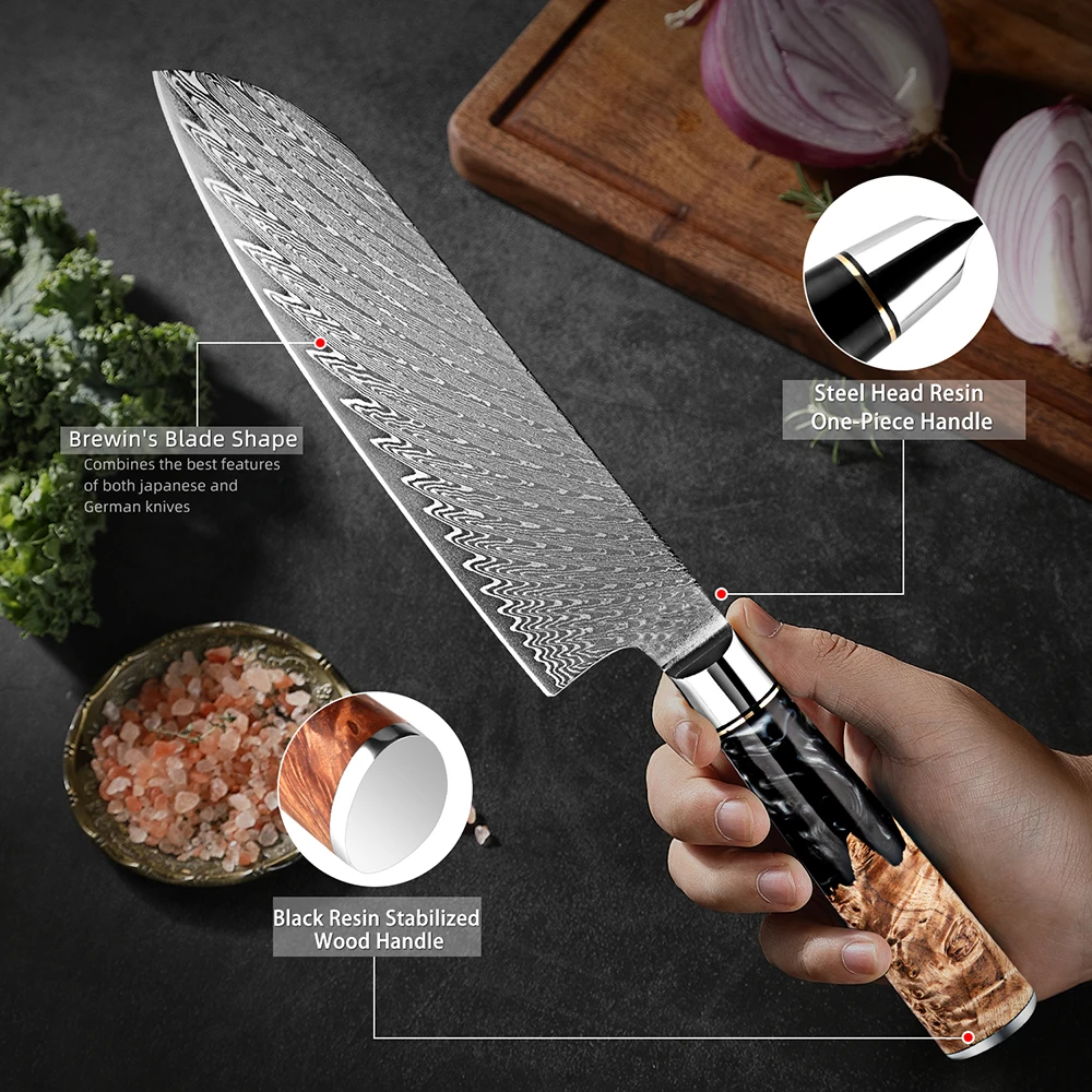 Профессиональный японский нож сантоку 7 дюймов Острый кухонный из дамасской