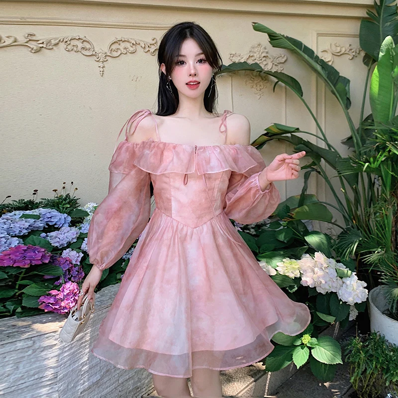 

Tie Dye Fairy Dress Summer High Waist Open Back Off Shoulder Lantern Sleeve Sweet Strap Dress Mini Dresses for Women Holiday