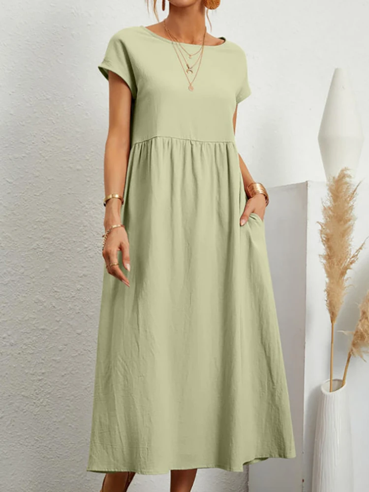 Элегантное однотонное платье макси женское винтажное с коротким рукавом летний