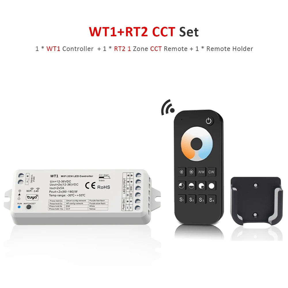 

WT1 12V 24V Wifi Tuya Smart CCT Controller 2CH 5A WW CW Strip LED Dimmer Work with Yandex Alice Alexa APP RF Remote Control
