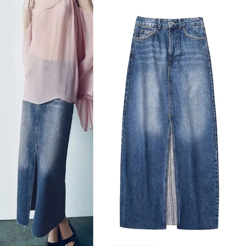 

TRAF Denim Long Skirt Women 2023 Vintage Washed Frayed Hem Maxi Skirt Women Autumn New Elegant Blue High Waist Skirts Slit Skirt