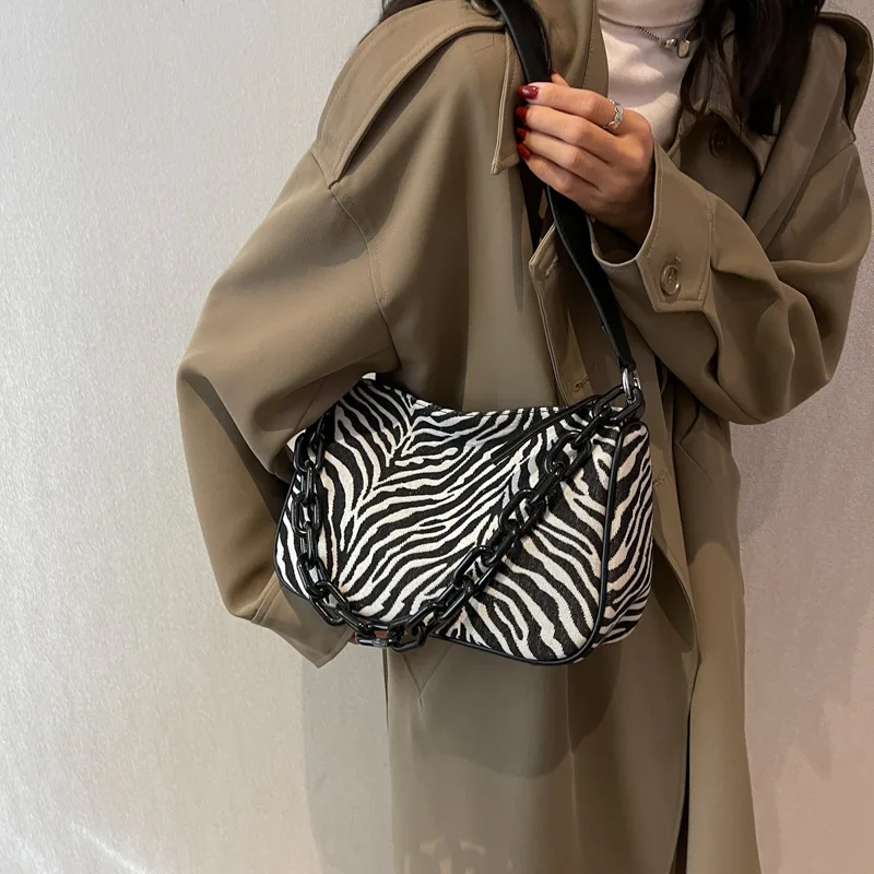 Zebra-stripe Acrylic Chain Shoulder Underarm Bags Fashion Women's New Canvas Crossbody Bag Soft Casual Commute Portable Satchel