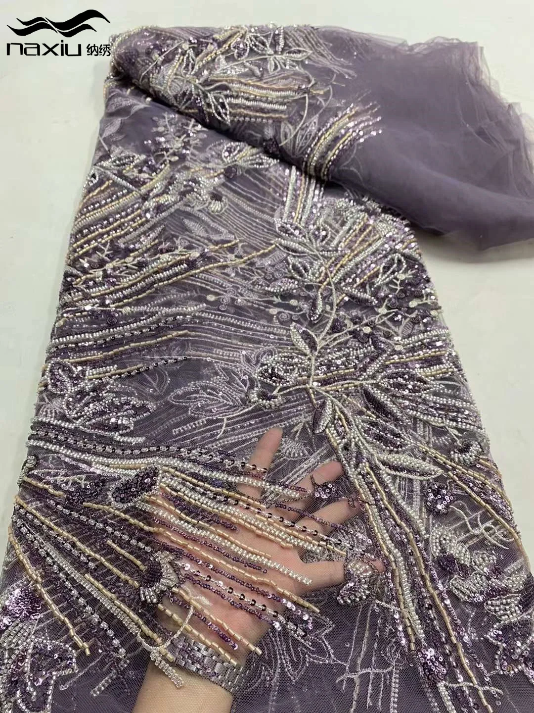 Роскошная кружевная ткань Madison с блестками и бусинами для свадьбы новый дизайн 2024