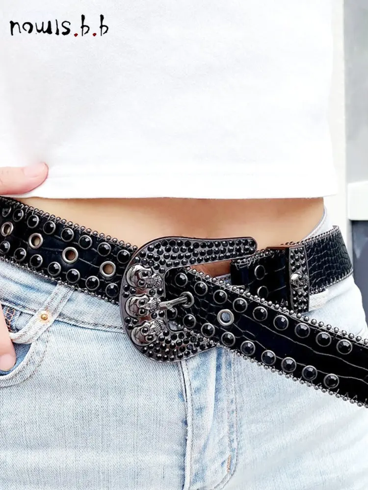 NOWISBB Luxury Brand Rhinestone Belts Designer Leather Strap Western Cowboy Crystal Studded Diamond Bling Y2K Belt For Jeans