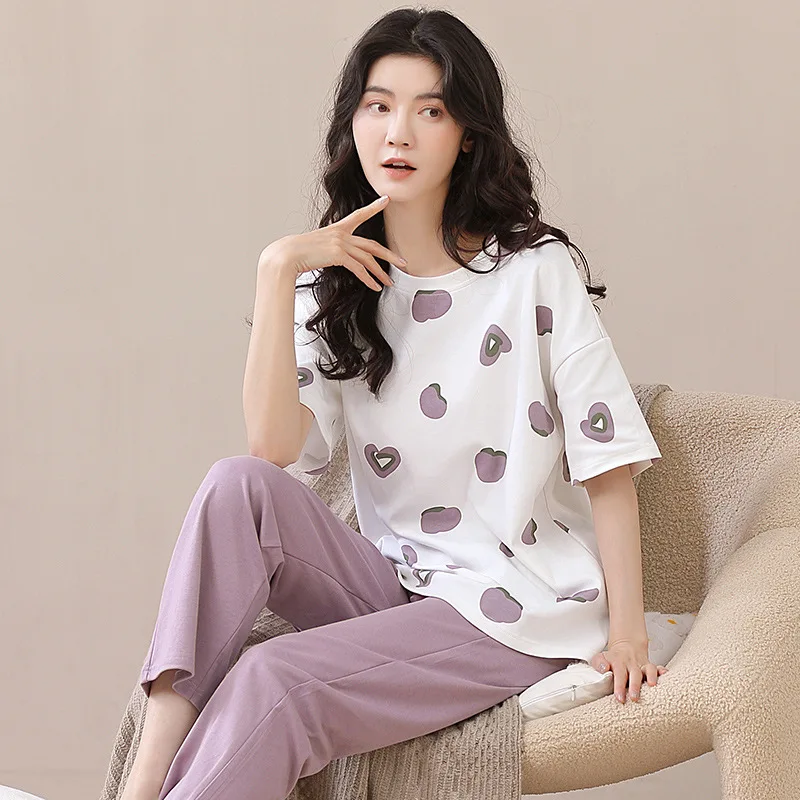 New 2023 Pajamas Women Summer Cotton Short-sleeved Cute and Sweet Casual Can Be Worn Outside Home Service Suit with Round Neck