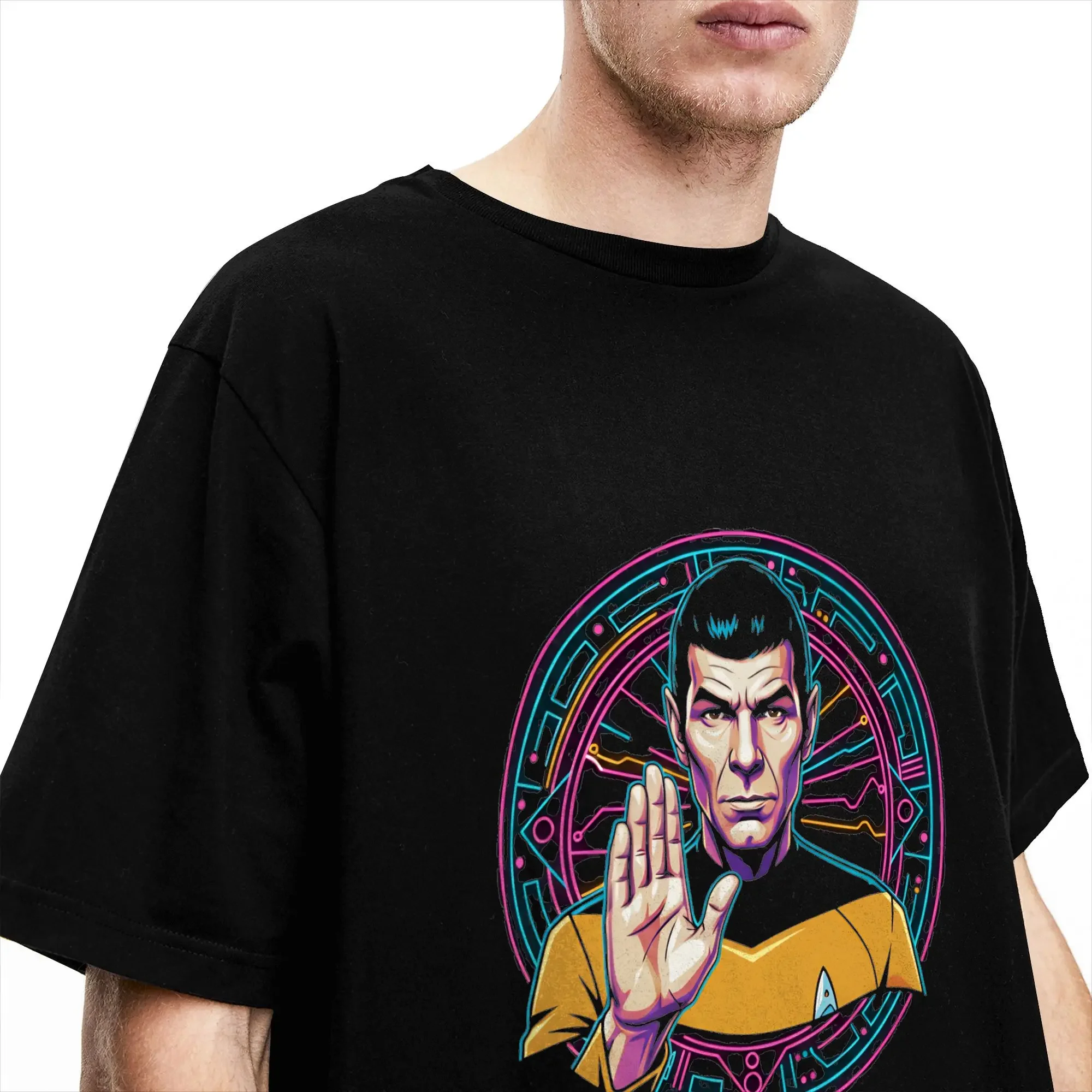 Фото Забавные неоновые футболки Spock Prosperity Stars Treks для мужчин, хлопковая футболка с круглым вырезом, футболки с короткими рукавами, одежда с принтом №3
