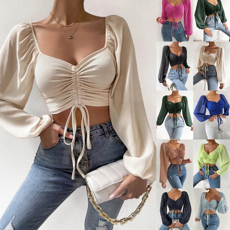 

Blouse Tops for Women Summer Sexy Solid Color Slim Fit Tied Pleated Short Shirt Women's Puff Sleeve Square Collar Slash Neck Top