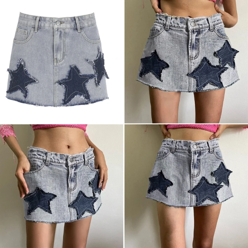 

Daily Wome Contrast Skirts A-Lined Denims Patchwork Star Pattern Pockets Skirt