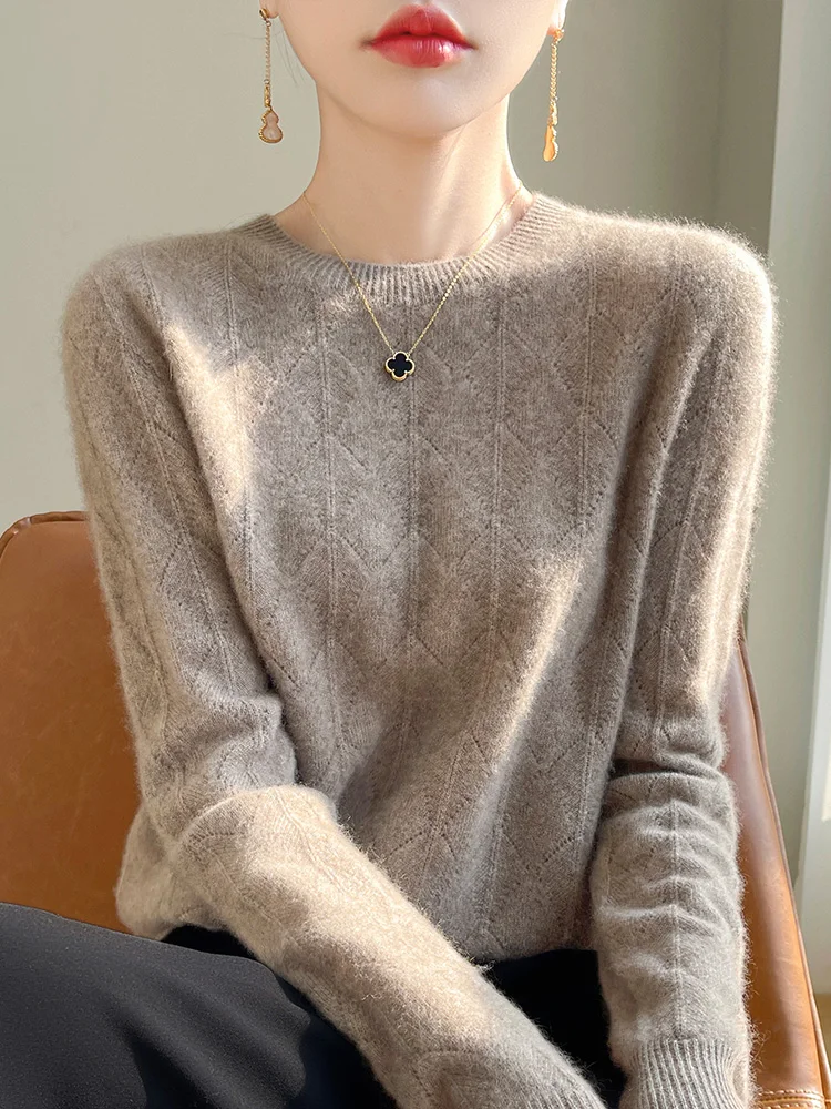 Весенне-осенний новый полый пуловер из 100% мериносовой шерсти женский