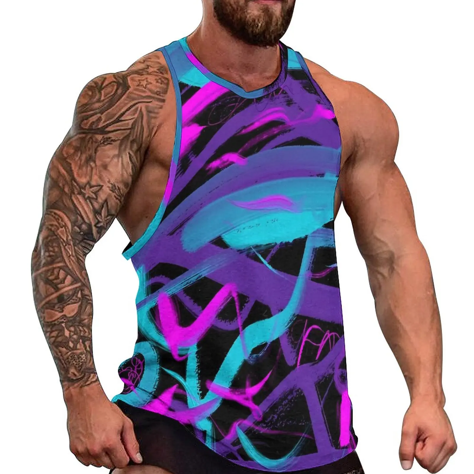 

Neon Brush Print Beach Tank Top Abstract Art Gym Tops Male Graphic Vintage Sleeveless Shirts Plus Size 4XL 5XL