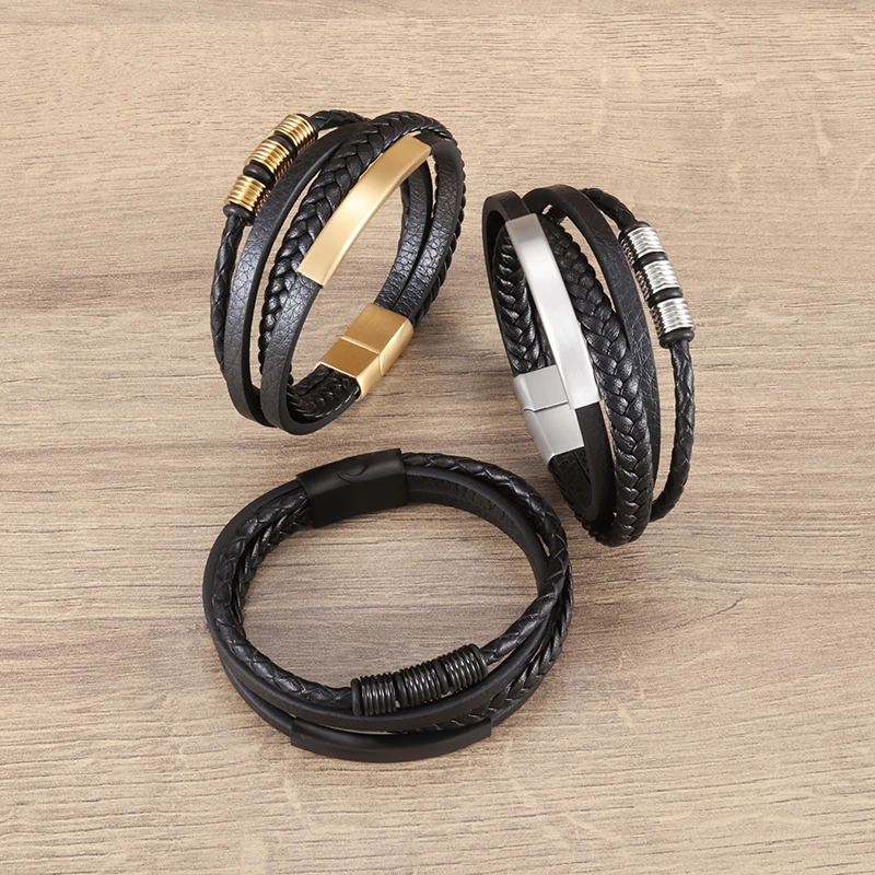 

Classic Punk Multilayer Combination Leather Wrap Metal Magnetic Buckle Bracelet Bangles for Men Glamour Casual Sports Jewelry