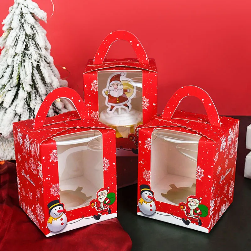 

4Pcs Christmas Cupcake Packaging Box with Clear Window Hand Held Muffin Boxes DIY Pastry Mousse Baking Packing Decorations