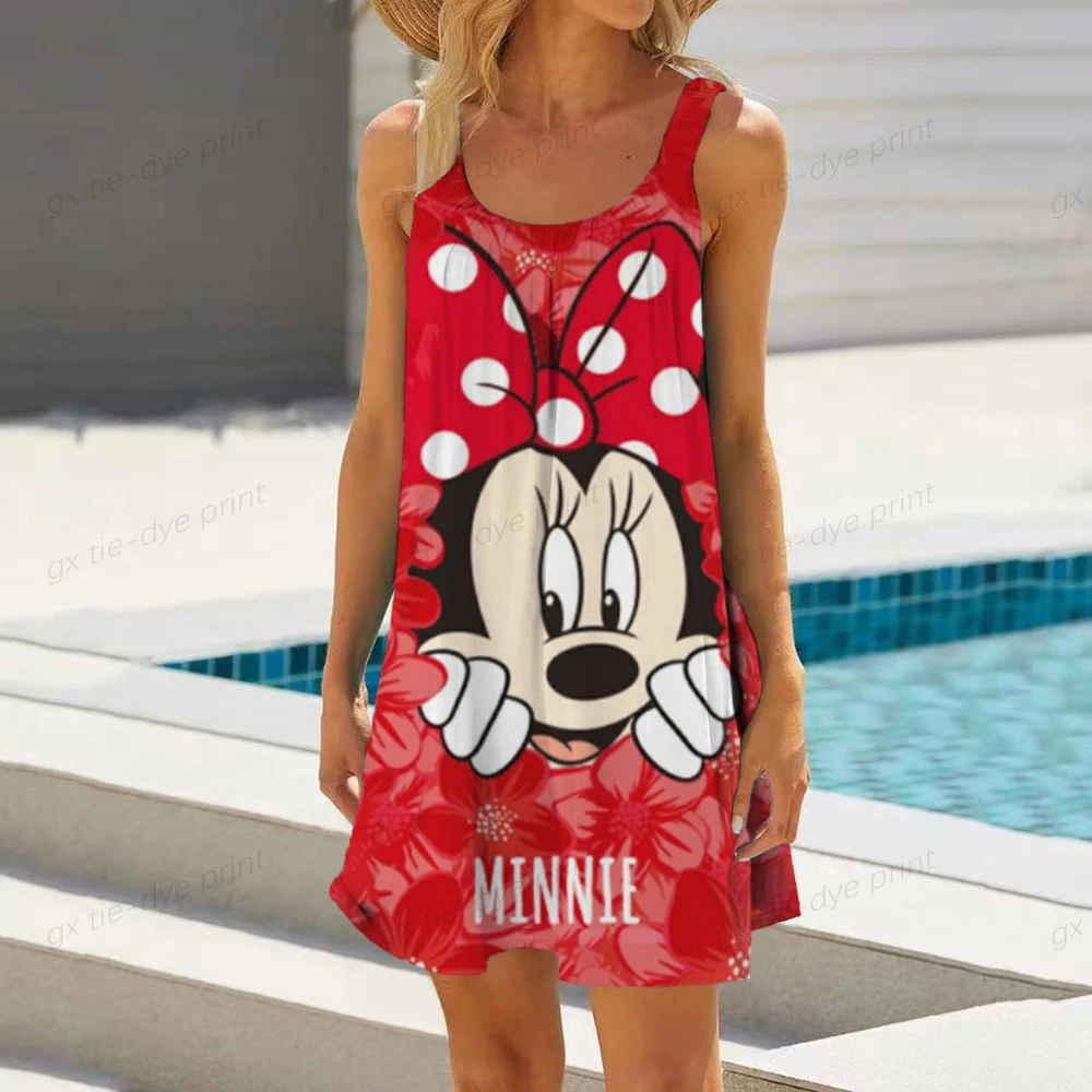 

2023 Women Summer Dress Hawaiian Party Disney Minnie Mickey Mouse Print Beach Dress Sundress Loose Mini Party Dress Vestidos