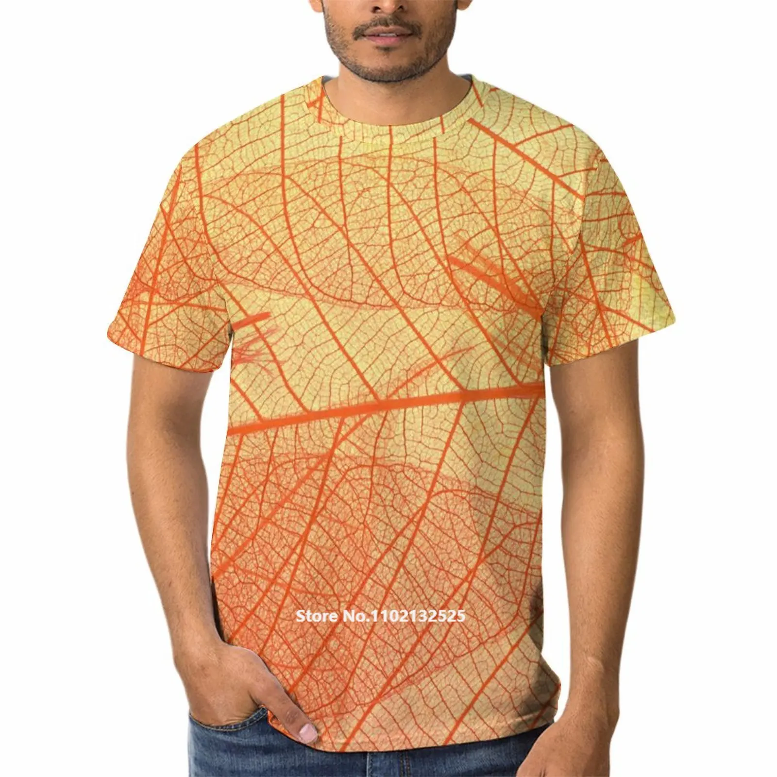 

Футболка с коротким рукавом, круглым вырезом и принтом листьев