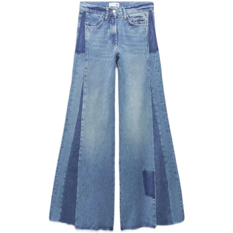 Summer New Womens Pants Mid-rise-patchwork Wide-leg Jeans for Women