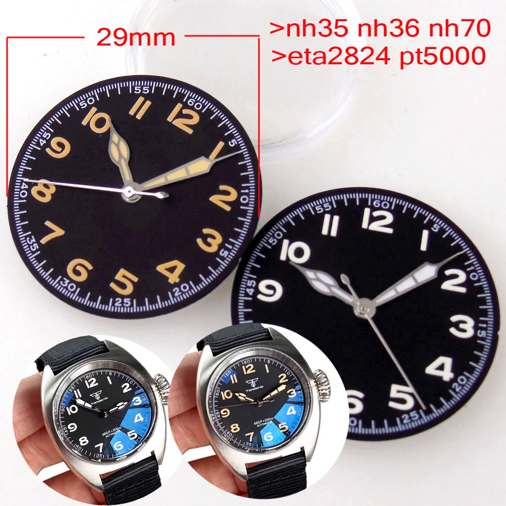 

Nologo Vintage 29mm Black Watch Dial for Pilot Diver Watch NH35 NNH36 NH37 NH38 NH39 ETA2824 PT5000 ST2130 Watch Hand Set