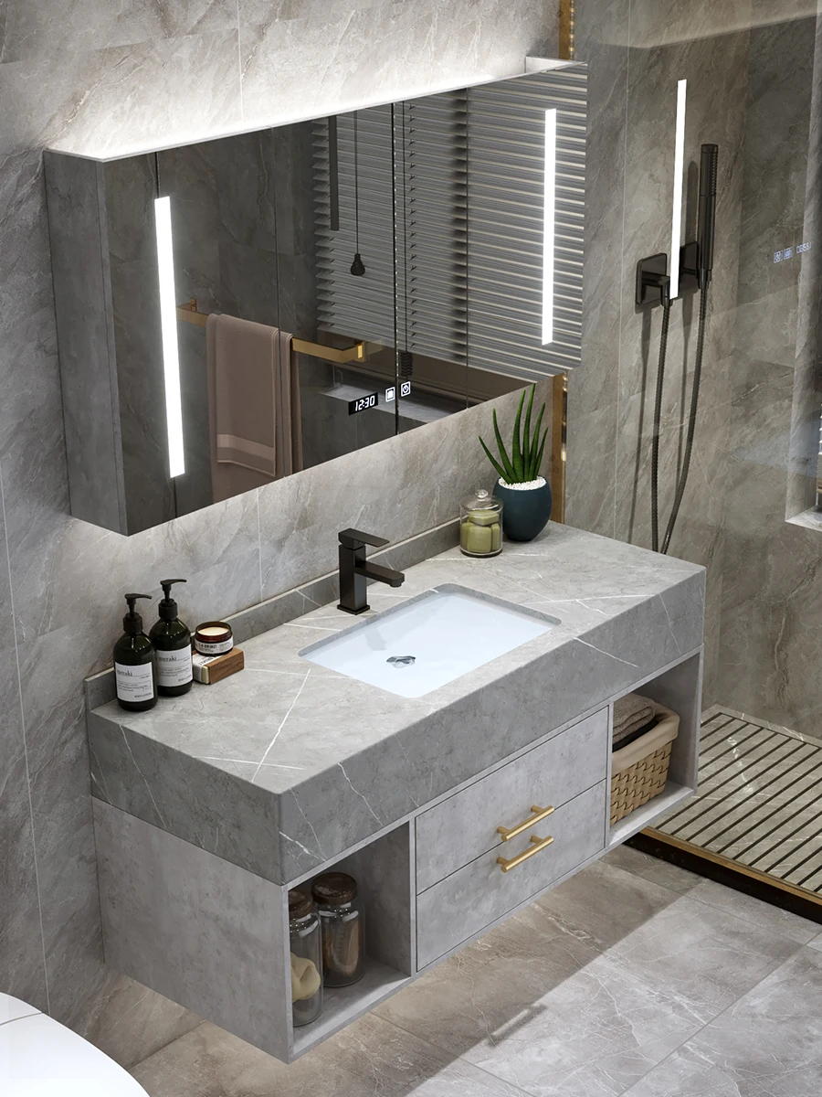 

60-120cm Modern Minimalist Light Luxury Rock Slab Integrated Bathroom Cabinet Combination Toilet Wash Basin Set Nordic Furniture