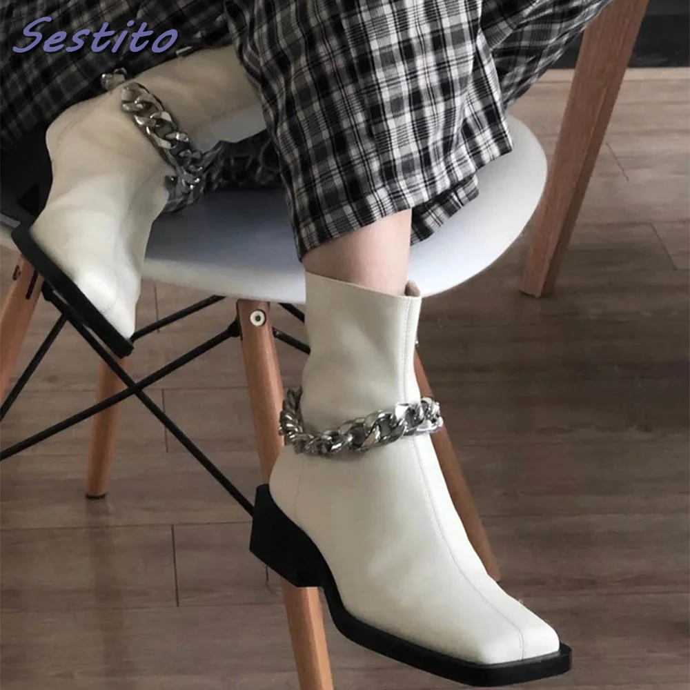 

Square Toe Metal Chain Ankle Chelsea Boots Leather Side Zipper White Solid Block Chunky Heel Fashion British Style Women Shoes