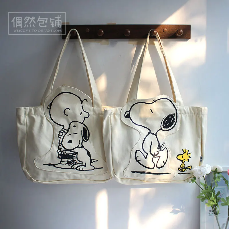 

Kawaii Snoppys Canvas Bag Shoulder Bag Cartoon Cute Zipper Large Capacity Shopping Bag Christmas Creative Birthday Gifts