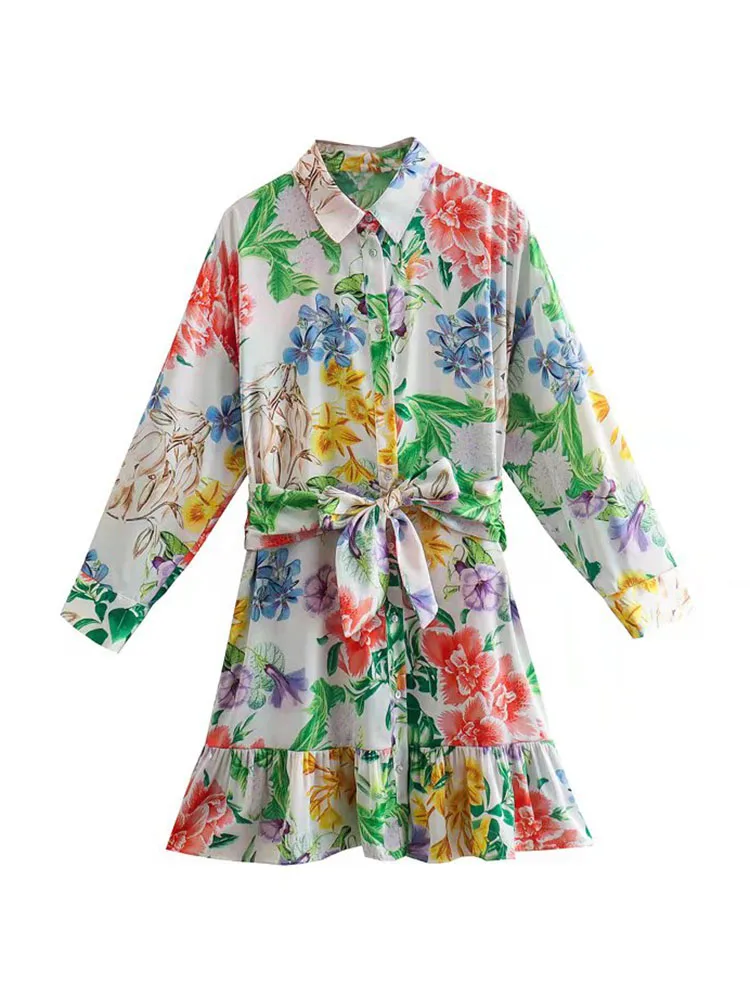 

Женское однобортное мини-платье XEASY, с длинным рукавом, отложным воротником и поясом, модное уличное Повседневное платье с принтом, 2022