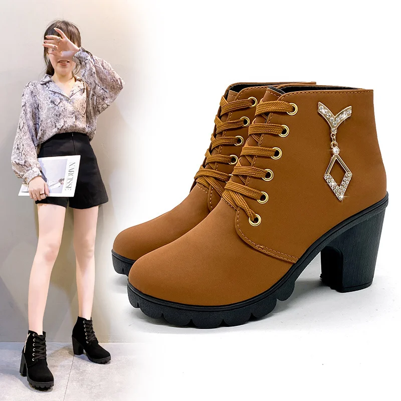 

Nieuwe Lente Winter Vrouwen Pompen Laarzen Hoge Kwaliteit Lace-Up Europese Dames Schoenen Pu Hoge Hakken Laarzen Snelle Levering