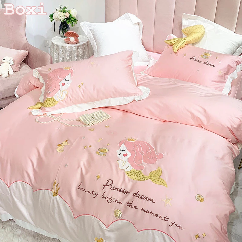 

Kawaii Mermaid 100% Cotton Bedding Set For Baby Girls 60s Long Staple Cotton Embroidery Luxury Quilt Cover Twin Full Queen Size