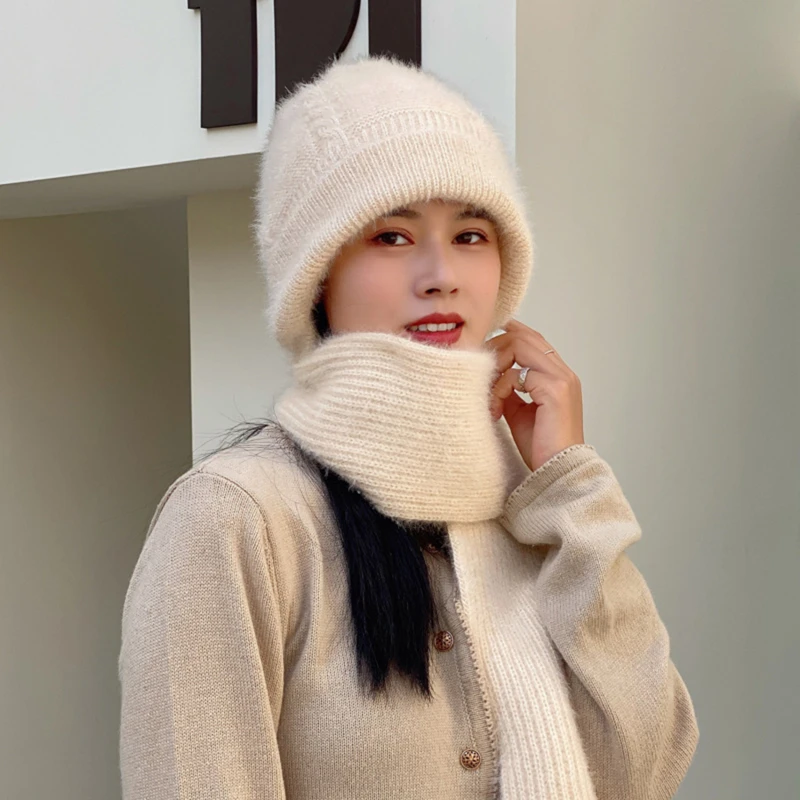 

2022 New Korean Style Women Knitted Hat Scarf One-piece Squirrel Fleece Thickened Beanies Hat Winter Warm Velvet Bonnet Lady Cap