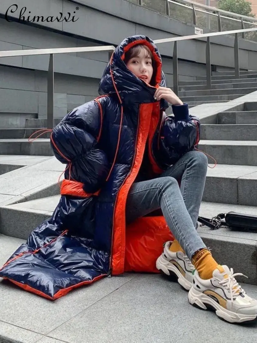 Winter Korean Fashion Detachable Hooded Down Jacket Baggy Coat Mid-Length Overknee Thickened Leisure Warm Glossy Down Coats