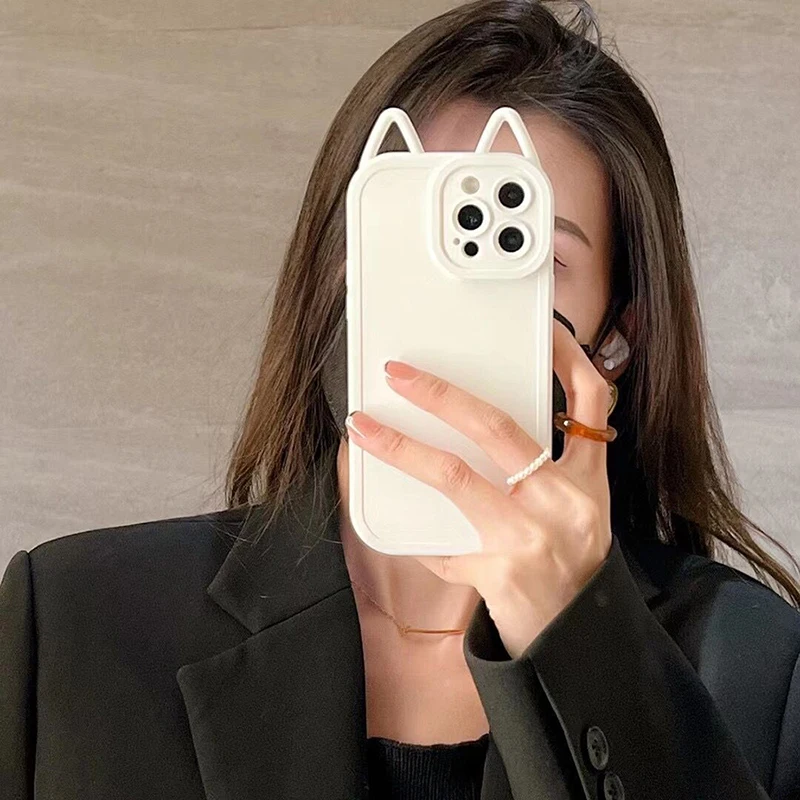 Simplicity Solid Color Cat Ears Silicone Soft Phone Case For Iphone 13 12 11 Pro Max X Xr Xs Max Lens Full Wrap Protective Cover