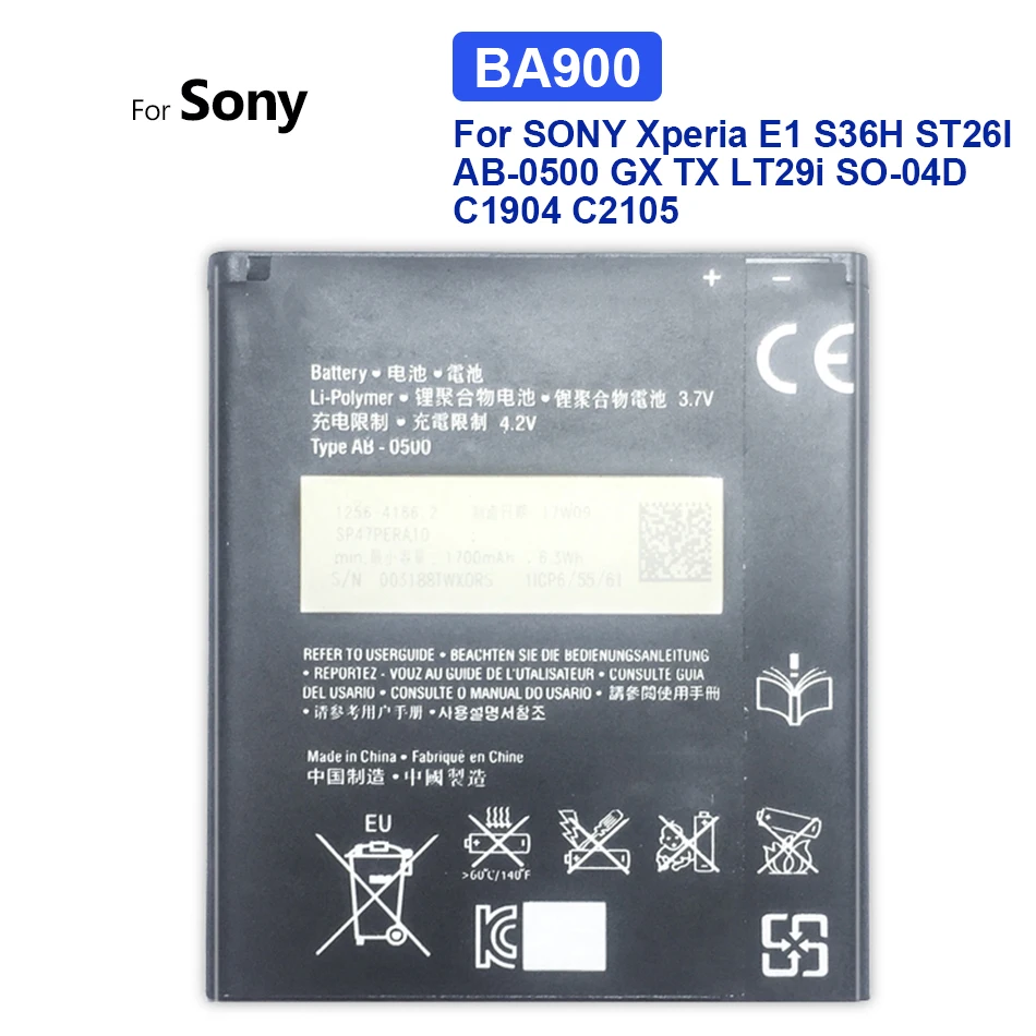 

Аккумулятор BA900 для SONY Xperia E1 S36H ST26I AB-0500 GX TX LT29i SO-04D C1904 C2105 аккумулятор 1700 мАч. + Номер отслеживания