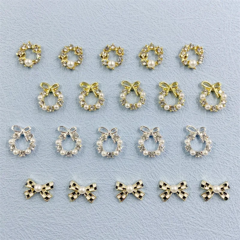

10pcs Bowtie Wreath Zircon Nail Art Crystal Jewelry,Gold&Silver Pearl Garland Charms Rhinestone Accessories for Nail Decorations