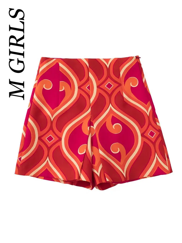 M GIRLS Women Fashion Front Pleated Geometric Print Shorts Vintage High Waist Side Zipper Female Short Pants Mujer