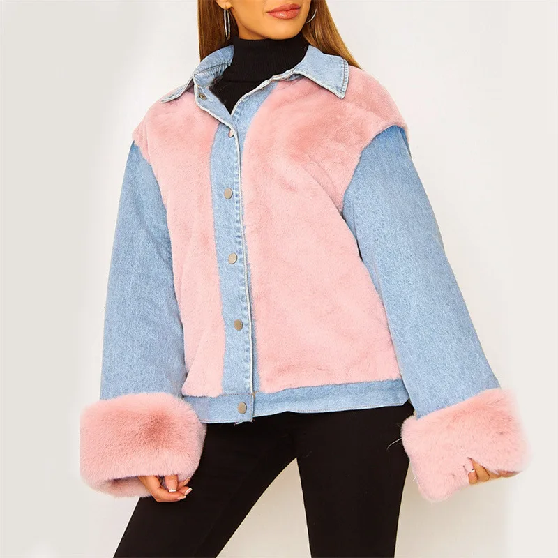 

Women Denim jacket casual patchwork plush lamb wool and denim stitching thick warm jacket short coatsautumn winter outwear tops