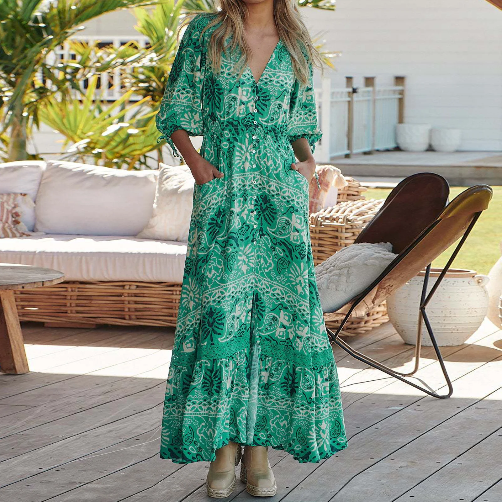 

Женское длинное платье, удобные богемные вечерние платья, повседневный элегантный сарафан с коротким рукавом и цветочным принтом, Повседневная пляжная одежда на пуговицах