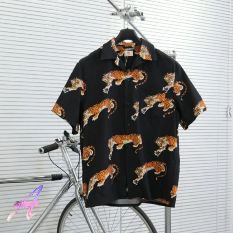 

Cool Men Streetwear WACKO MARIA Tiger Print Tops Hawaiian Short Sleeve Shirt