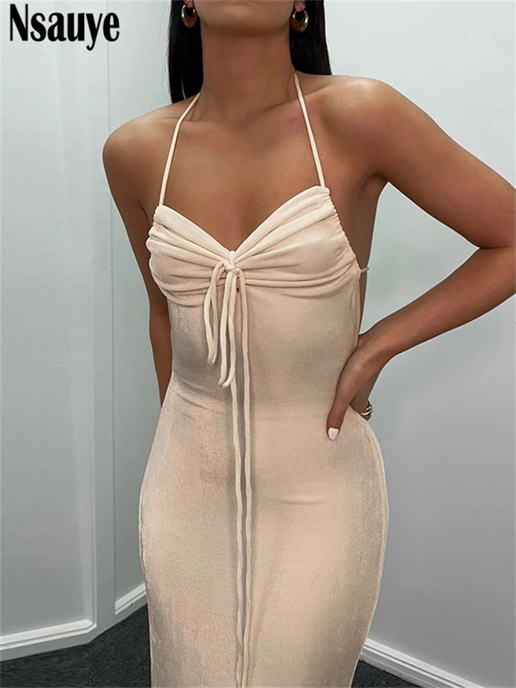 

Nsauye 2022 Summer Halter Maxi Elegant Dress Bodycon Women Sexy Bandage Clubwear Party Long Sleeveless Dresses