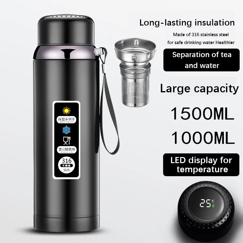

600-1500ml 316 Stainless Steel Thermos Bottle LED Temperature Display Vacuum Flask With Tea Separation Filter Leakage-proof Cup