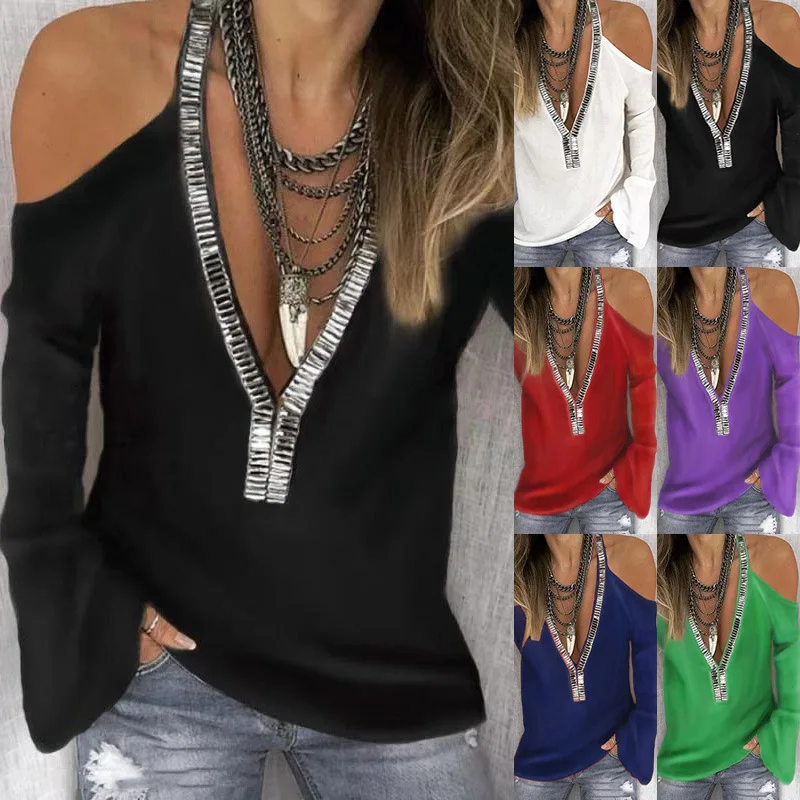 

Autumn and Winter 2023 New Women's Solid V-Neck Sequins Long Sleeve T-shirt Fashion Female Sexy Casual Commuter Top Lady