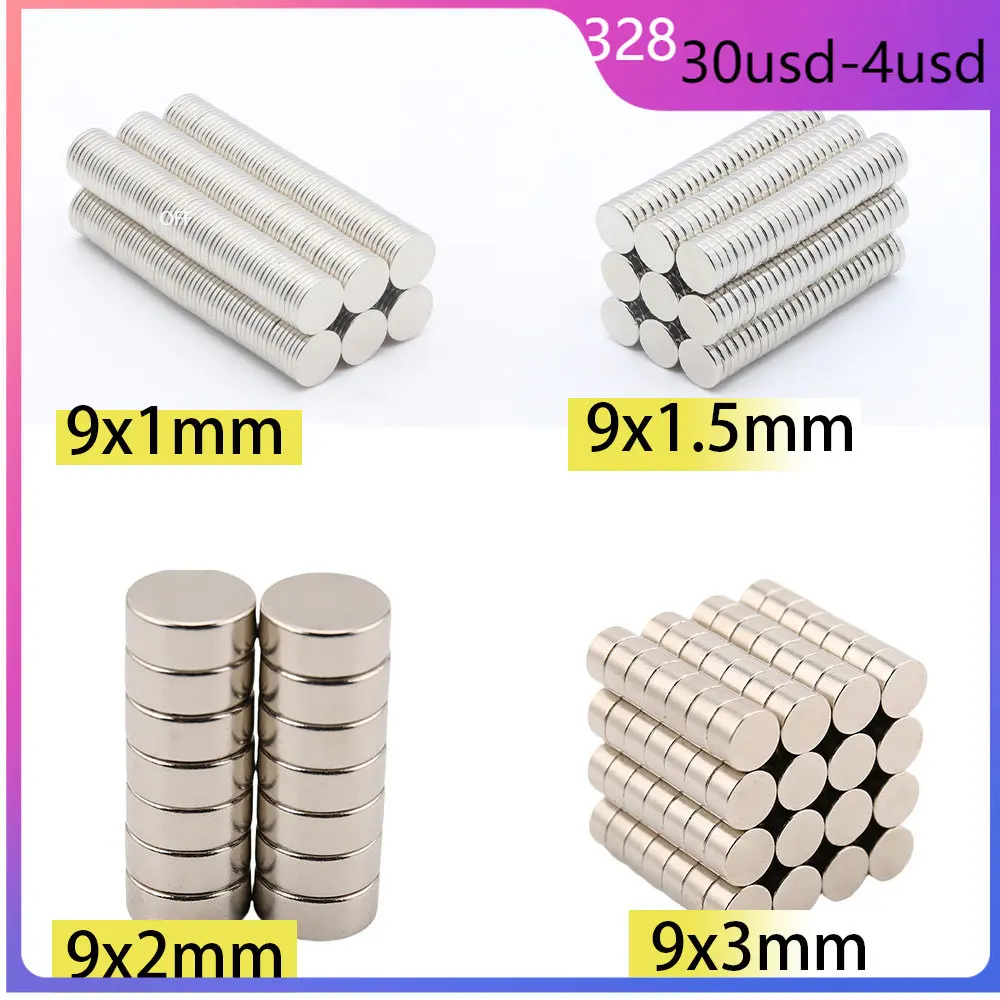 

200/300/500/pcs magnet 9x1mm 9x1.5mm 9x2mm 9x3mm N35 strong disc neodymium magnet round neodymium NdFeB search magnet fridge