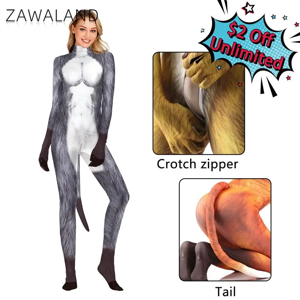 Zawaland hayvan eşek baskılı tulum Catsuit seksi kadın kız Zentai Bodysuit takım elbise tam kapak kuyruk Cosplay kostümleri