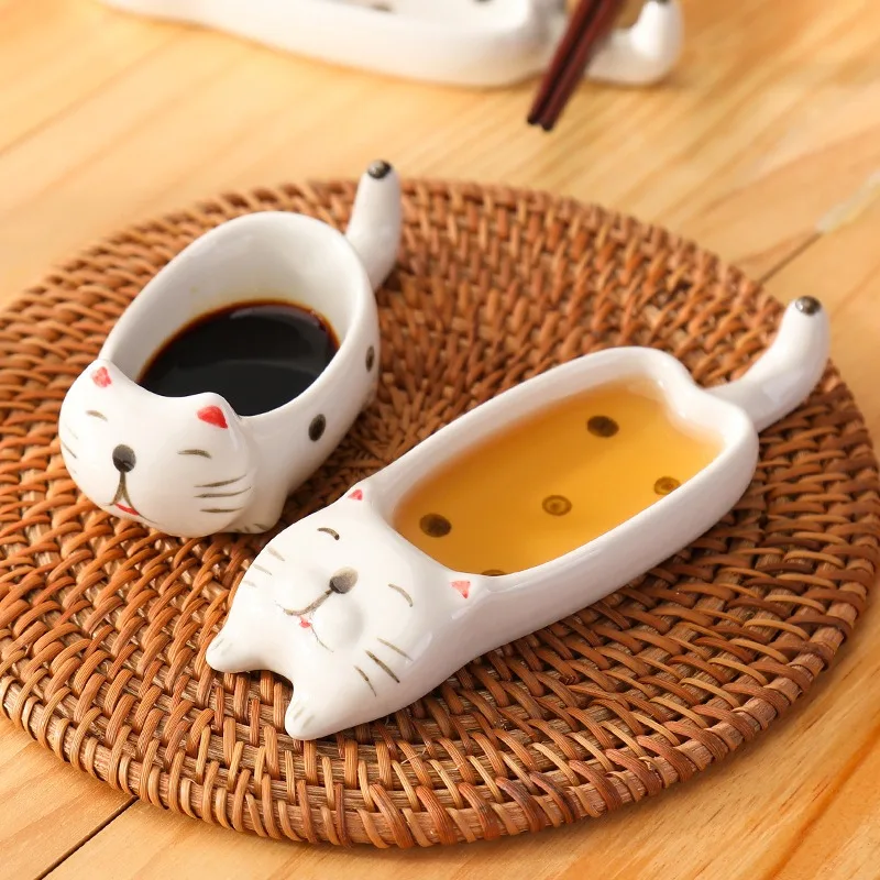 

Handmade Cute Cat Pickles Hand-painted Rough Pottery Chopstick Holder Mini Mustard Vinegar Dish