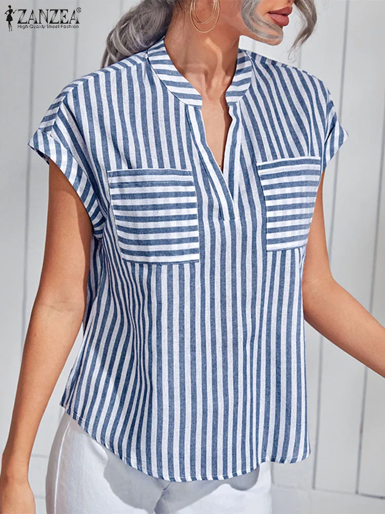

2023 ZANZEA Summer Stripe Printed Tunic Tops Woman Fashion OL Work Blouse Female Short Sleeve O Neck Shirt Casual Party Blusas