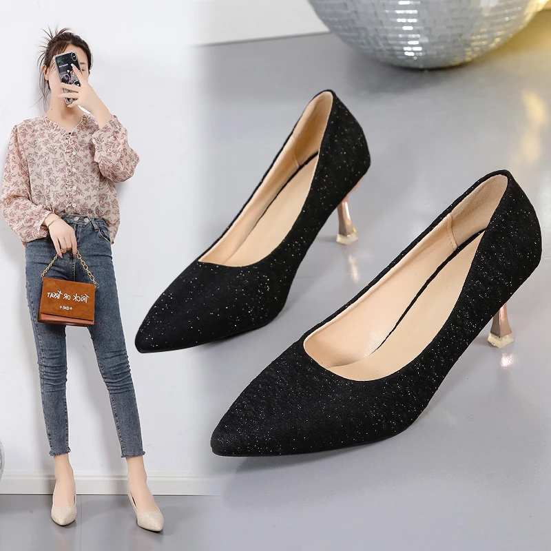 

Женские высокие каблуки, офисные туфли-лодочки на высоком каблуке, повседневная весенняя обувь из флока, модель F5036, 2021