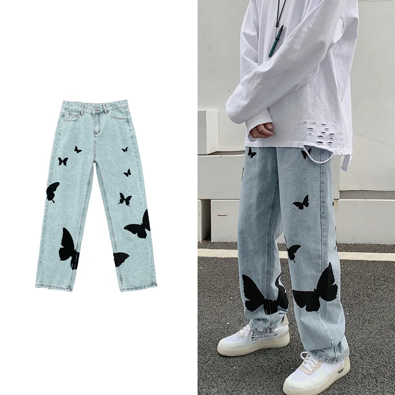 2022 Butterfly print Jeans for Men Pants Loose Baggy Jeans Casual Denim Pants Stretch Straight Fashion Trousers women Clothing